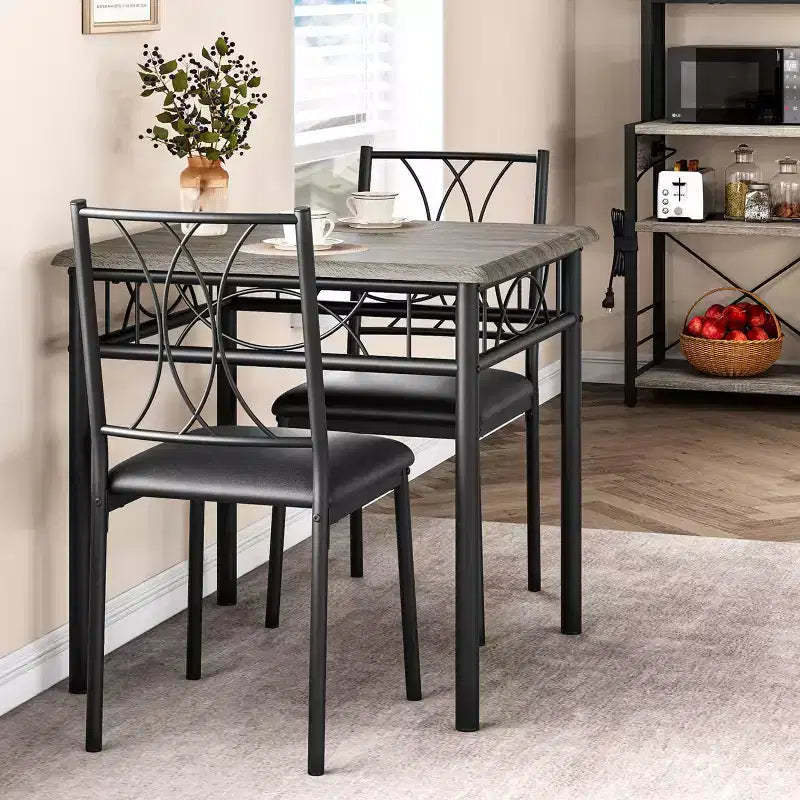 Dining Table Set for 2, Kitchen Table and Chairs for 2, Metal and Wood Square Dining Room Table Set with 2 Upholstered Chairs, 3 Piece Kitchen Table