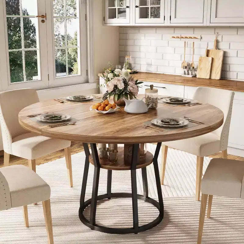 COZONY 47 Round Dining Table for 4, Farmhouse Wood Table with Storage Shelf & Metal Legs, Space-Saving Kitchen Furniture