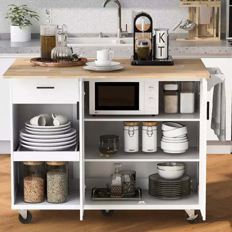 MAYEERTY Kitchen Island with Foldable Counter Top Kitchen Storage Cart with Slide Out Shelf Towel Rack And Drawer Rolling Kitchen Cart on Wheels White
