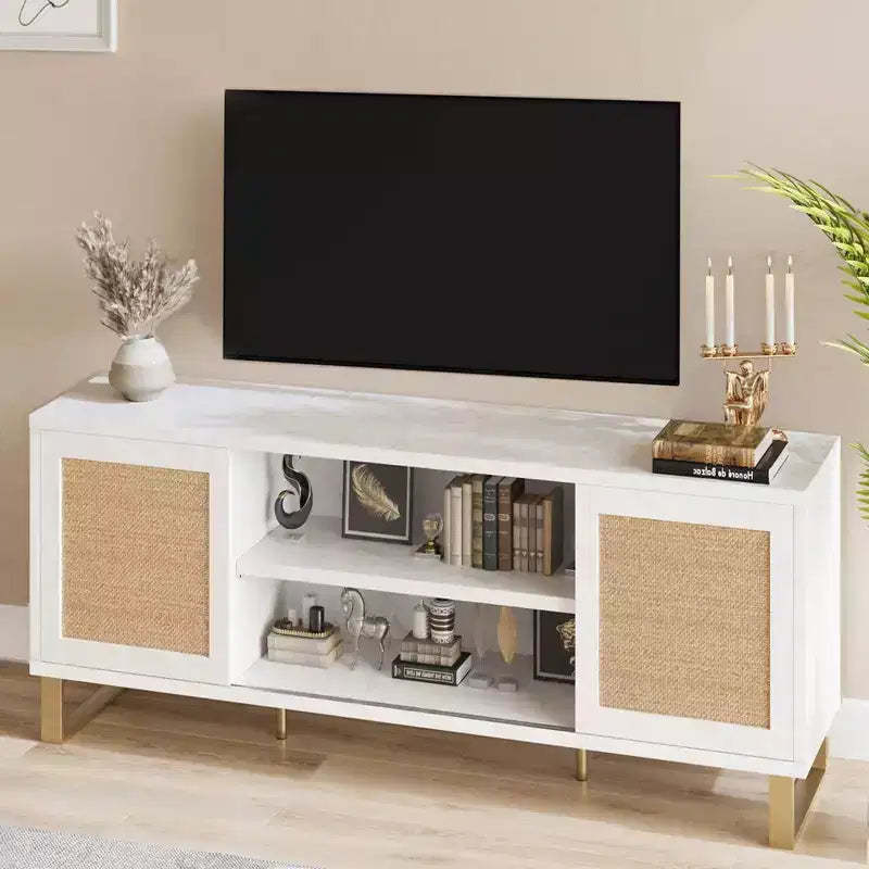 TV Stand for 65 Inch TV, White Entertainment Center Modern TV Console Table, Rattan TV Stand with Storage, Doors and Shelves