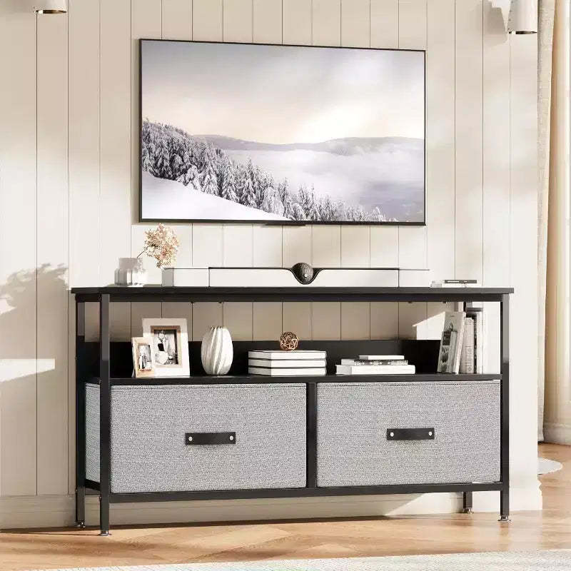 Dresser Tv Stand, Modern Tv Stands, 2 Extra Large Capacity Fabric Drawers, Entertainment Center with Open Storage Shelves, with Four Adjustable Feet