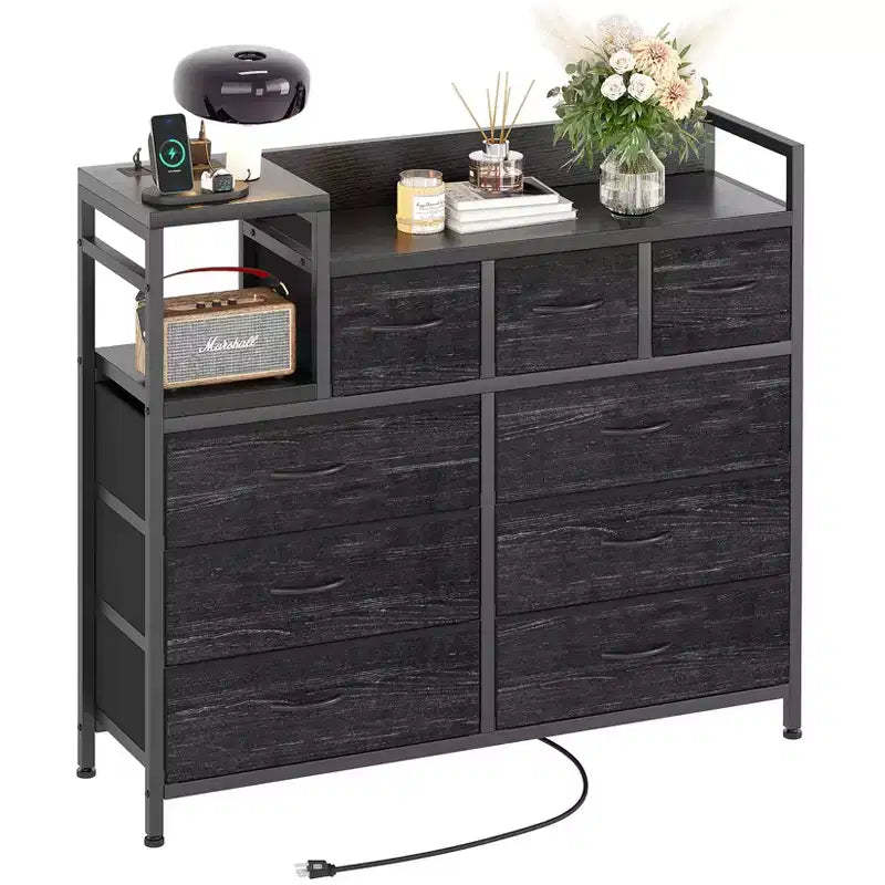 9-Drawer Storage Bedroom Dresser TV Stand | Multi-Functional with Built-in Charging Station, Tall Dresser for Closet Organization, Apartments