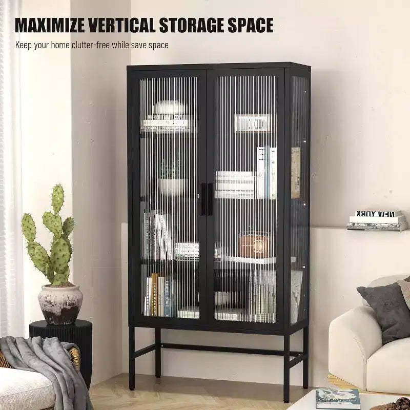 Display Cabinet with Glass Doors, Curio Cabinet with 3-Tier Adjustable Shelves Storage Cabinet for Home, Living Room and Office Black