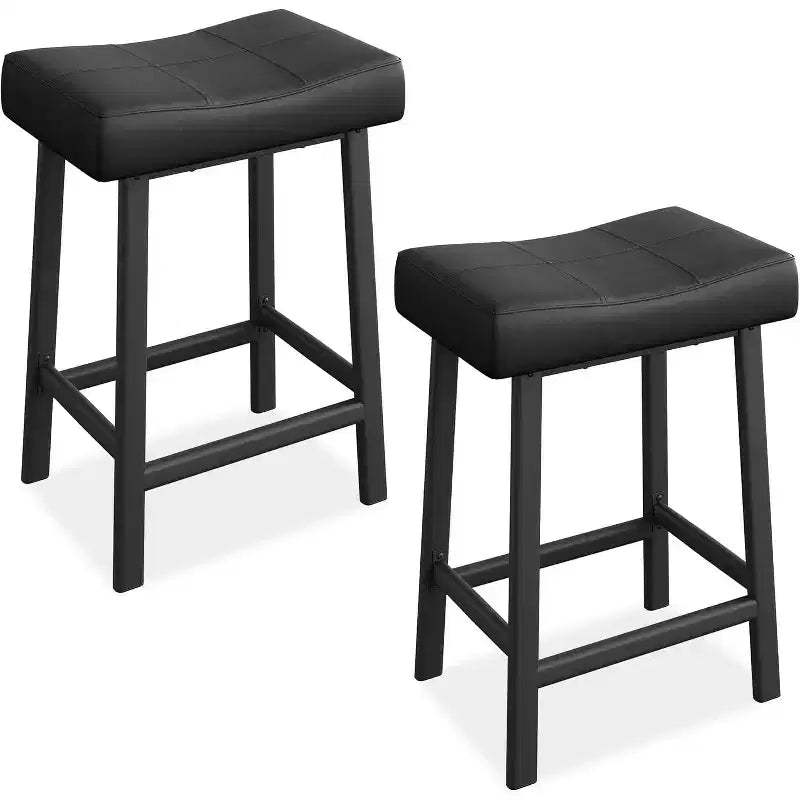 Set of 2 24 Counter Height Bar Stools, Upholstered PU Leather Curved Saddle Seats with Metal Frame and Footrest
