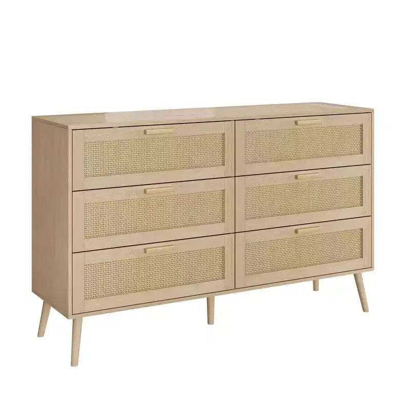 CLIHOME Rattan 6 Drawers Chest of Dressers for Bedroom, Modern 6 Drawer Dresser, Rattan Dresser Storage Cabinet with wood Handles