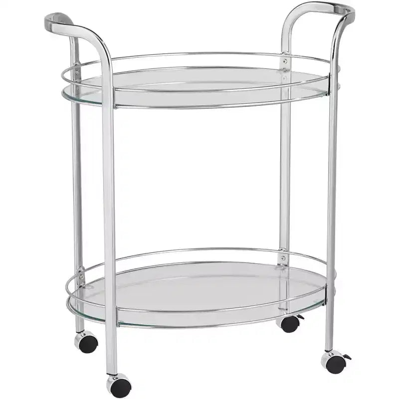 Studio 55D Carli Modern Chrome Steel Oval 2-Tier Serving Bar Cart 26 x 18 1/4 Silver Rolling Clear Glass Shelves for Living Room