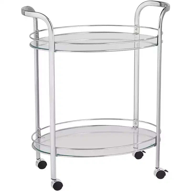 Studio 55D Carli Modern Chrome Steel Oval 2-Tier Serving Bar Cart 26 x 18 1/4 Silver Rolling Clear Glass Shelves for Living Room