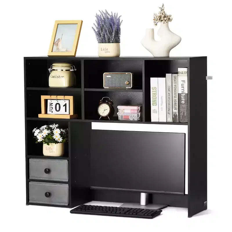 VEVOR Desktop Bookshelf, 3-Tier Desktop Storage Organizer, 37 x 10 x 31.1 Office Storage Rack Wood Display Shelf, Desktop Bookshelf Hutch, Black