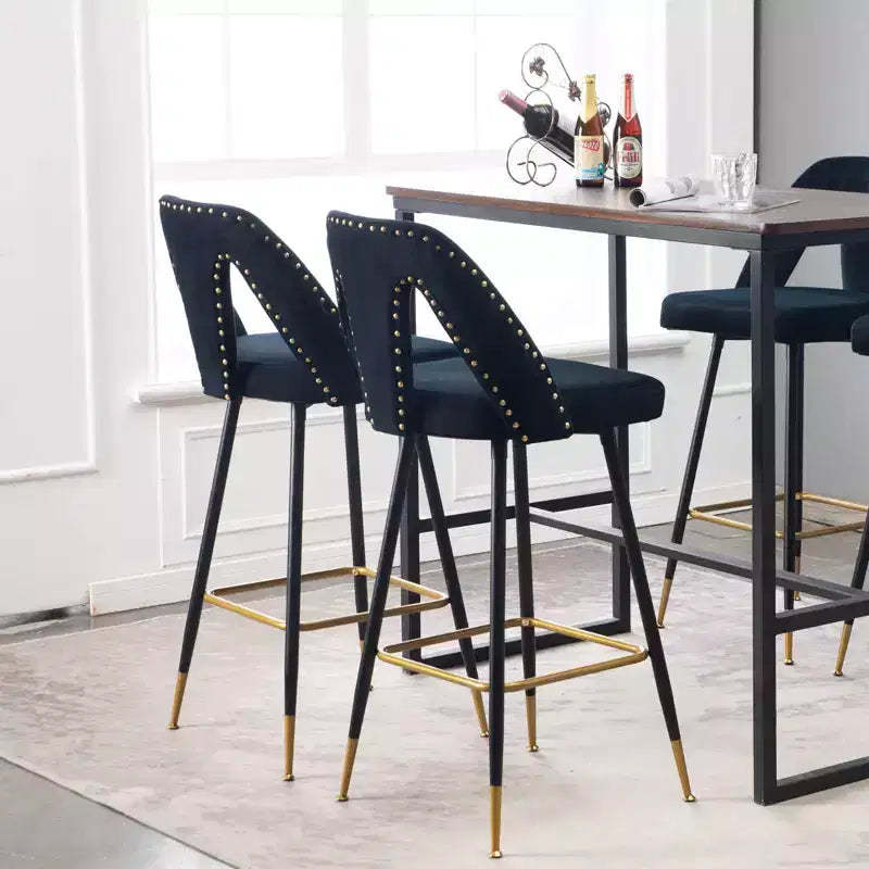 TROPOW Velvet Bar Stools with Back Support and Footrest, Upholstered Kitchen Chairs, Wide Cushion Counter Stools for Bar Cafe, Set of 2, 28 Black