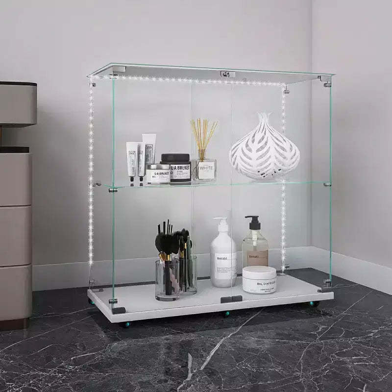 MAYEERTY Tempered Glass Display Cabinet Wine Storage File Cabinet Bluetooth Light Strip Lockable Swivel Casters Living Room Bedroom Office White