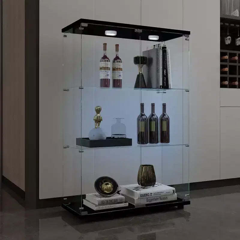 MAYEERTY Tempered Glass Display Cabinet Wine Storage File Cabinet Battery powered Paipai Light Adjustable Floor Feet Living Room Bedroom Office Black