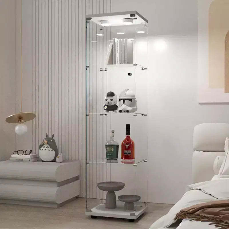 MAYEERTY Tempered Glass Display Cabinet Wine Storage File Cabinet Battery powered Paipai Light Adjustable Floor Feet Living Room Bedroom Office White