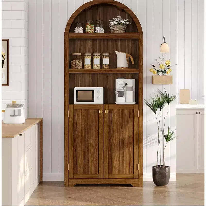 72 Inch High Arched Pantry with Doors, 5 Tier Kitchen Pantry with Adjustable Shelves and Gold Handles, Wood Dining Room Storage Cabinet