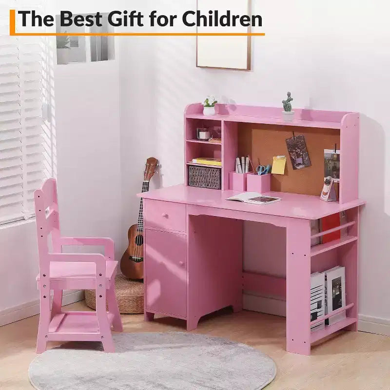 Kids Study Desk and Chair Set for Boys and Girl, Wooden Kids Writing Table with Bookshelf, Bulletin Board, Cabinet and Drawer for 3-8, Pink