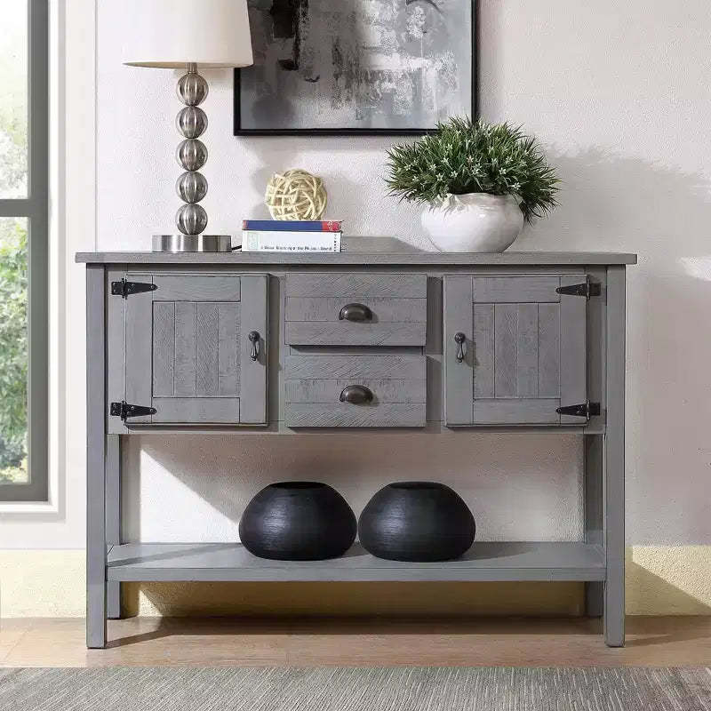 TROPOW 48 Inch Farmhouse Console Table, Farmhouse Entry Table with 2 Drawers and Cabinets, Solid Wood Sofa Table with Shelves for Bedroom,Grey