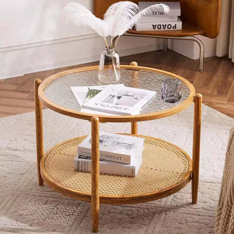 Double-Layered Round Water Ripple Glass and PE Rattan Tabletop Matched with Heat Transfer Wood Grain Iron Frame Coffee Table