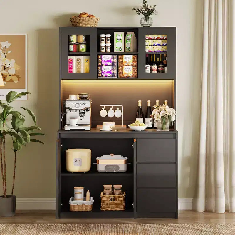 Kitchen Pantry, 70.1 High Storage Cabinet with Adjustable Doors and Shelves, Kitchen Pantry with Microwave Rack, LED Light and Charging Station