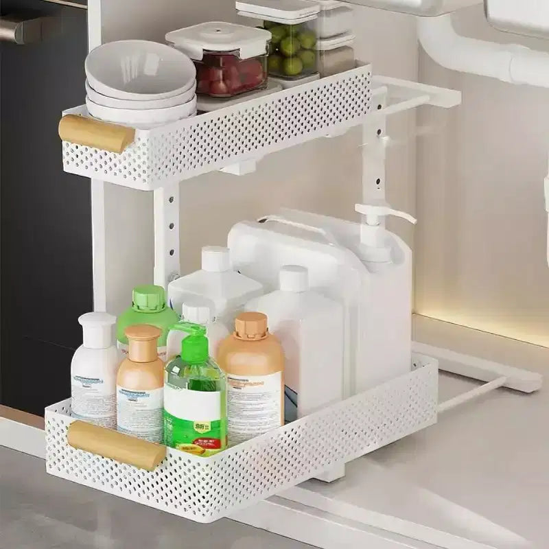 Under Sink Organizer, Pull Out Kitchen Storage - 2 Tier Sliding Metal Basket with Adjustable Shelves, Fits Bathroom & Kitchen Cabinets, White