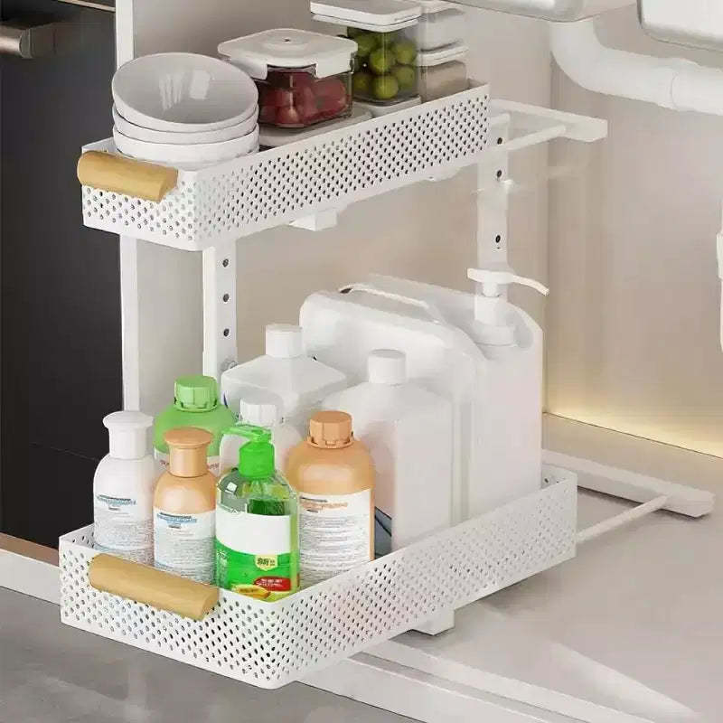 Under Sink Organizer, Pull Out Kitchen Storage - 2 Tier Sliding Metal Basket with Adjustable Shelves, Fits Bathroom & Kitchen Cabinets, White