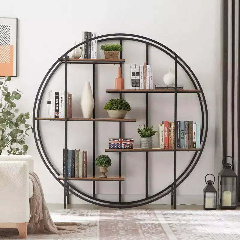 TROPOW Round 5-Tier Metal Plant Stand Bookcase Storage Rack, Indoor Living Room Terrace Garden Balcony Display Stand. Rustic Brown,