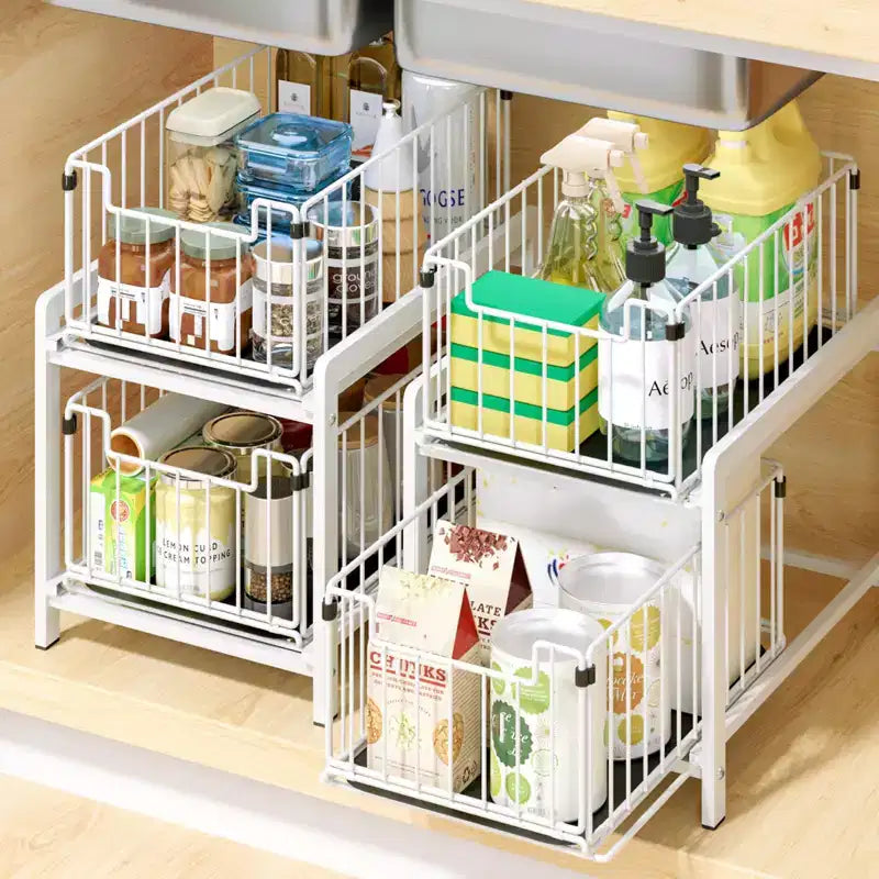 Cabinet Organizer, Pull-Out Drawer - 2-Tier Sliding Stackable Storage Shelf for Kitchen, Bathroom, White
