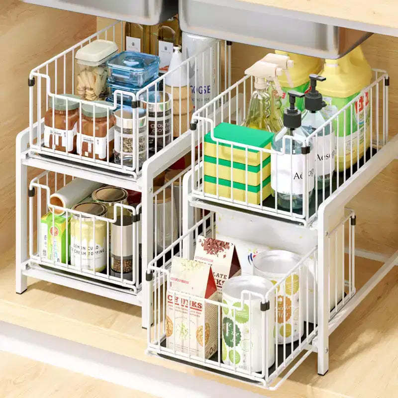 Cabinet Organizer, Pull-Out Drawer - 2-Tier Sliding Stackable Storage Shelf for Kitchen, Bathroom, White
