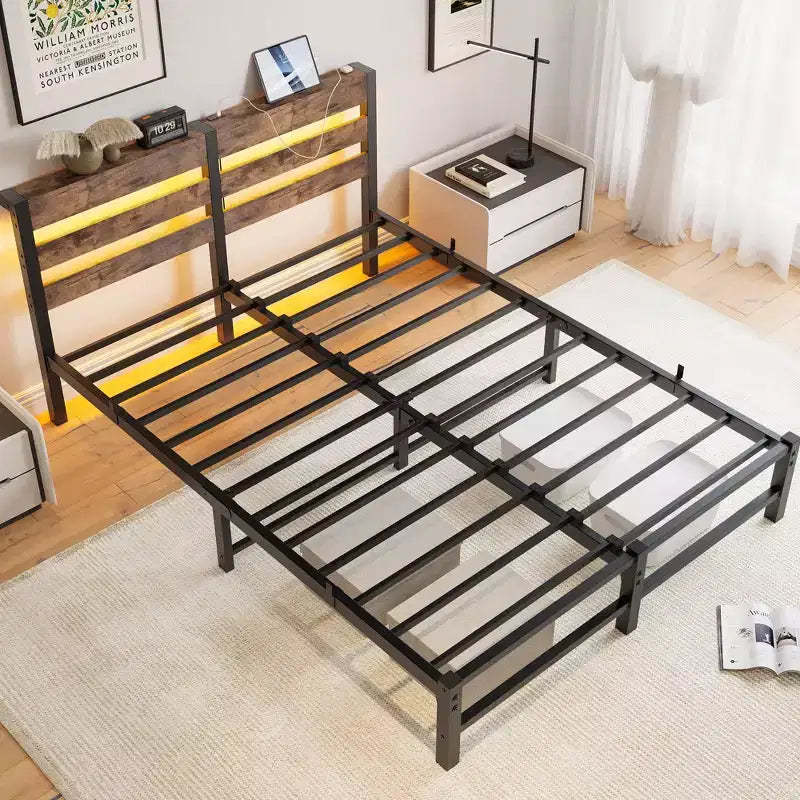 MAYEERTY Queen Bed Frame Metal Wooden Headboard Charger Shelf Quiet No Box Spring Rustic Brown