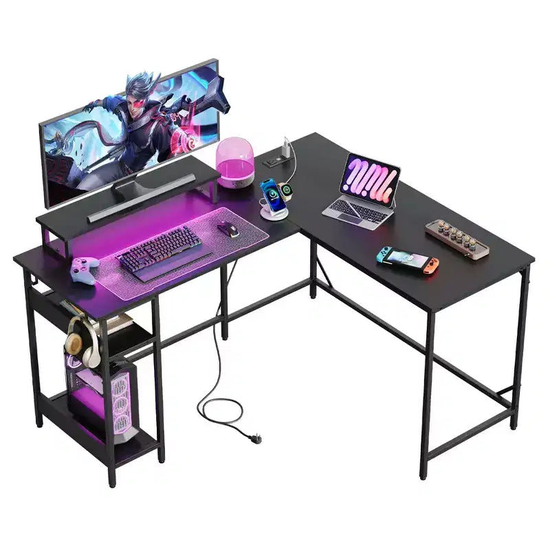 GALAXHERO 55 Inch L-Shaped Gaming Desk with Power Outlets & LED Lights, Corner Desk with Hook, Convertible Office Desk for Bedroom