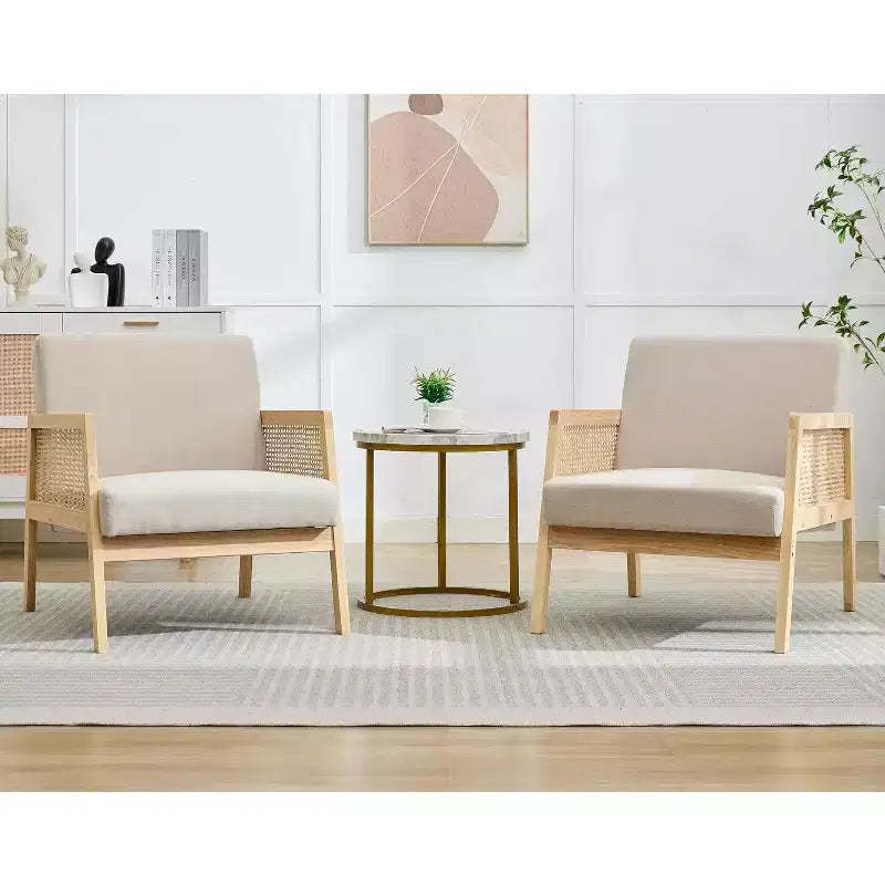 2PCS Mid Century Modern Accent Chair, Comfy Chairs with Sturdy Wood Legs, Rattan Backrest & Beige Thick Linen Cushion,for Bedroom Balcony