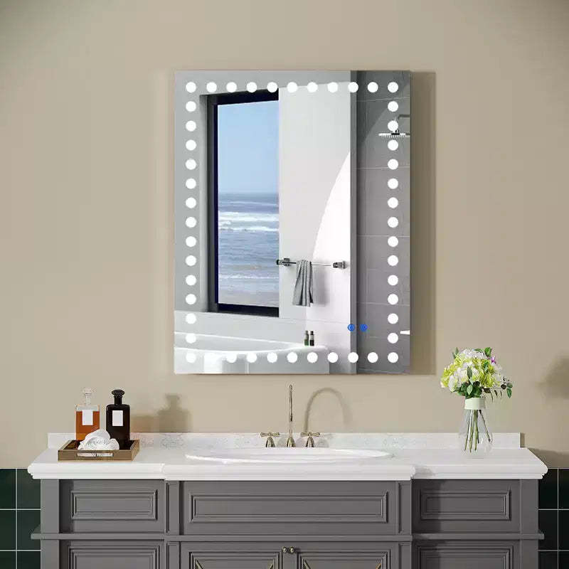 Bathroom Mirror with 3 White Front Circular Lights, Touch Dimming Switch Rectangular Mirror, Anti-Fog, Memory, Shatter-Proof Wall Vanity Mirror White