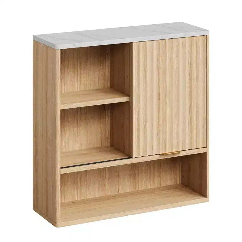 Fluted Bathroom Wall Cabinet with Sliding Door, Faux Marble Top, Adjustable Shelf & Open Storage, Curved Wall Mounted Organizer