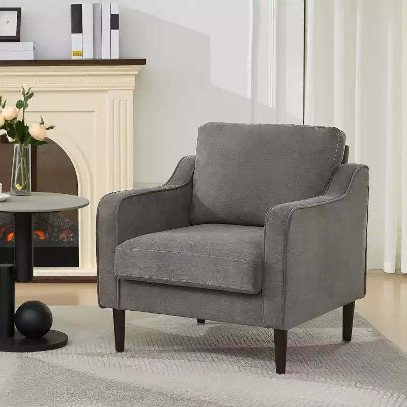 Mid-Century Modern Accent Chair with High Back, Linen Upholstered Armchair for Living Room, Bedroom or Study, Compact Comfort Reading Chair