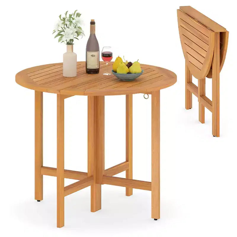 Costway 36 Outdoor Folding Round Dining Table with Slatted Tabletop for Backyard