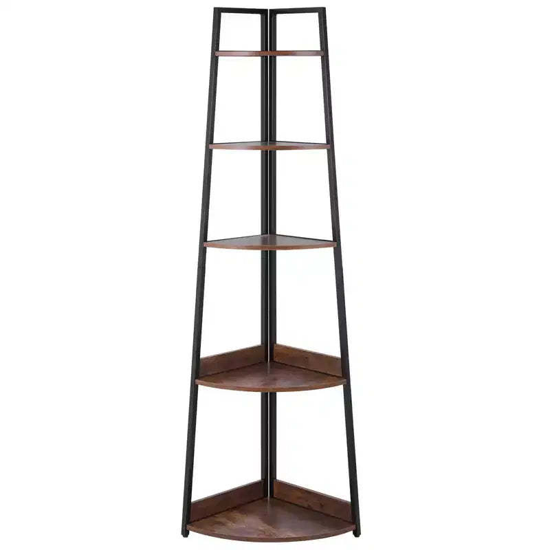 VEVOR 5 Tier Corner Shelf, 70 Tall Corner Bookshelf with Metal Frame & Wooden Shelves, Industrial Corner Ladder Shelf for Living Room, Brown