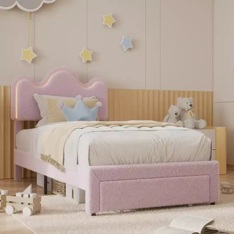 Kids/Girls Upholstered Platform Bed Frame with Flower Headboard & Built-In Lighting, Boucle Fabric Bed with Storage Drawers, Pink/White