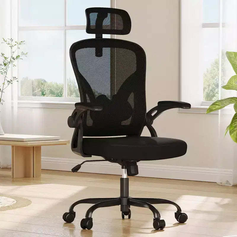 MAYEERTY Ergonomic Home Office Chair - With Headrest, Flip-Up Armrests & Adjustable Lumbar Support (Black)