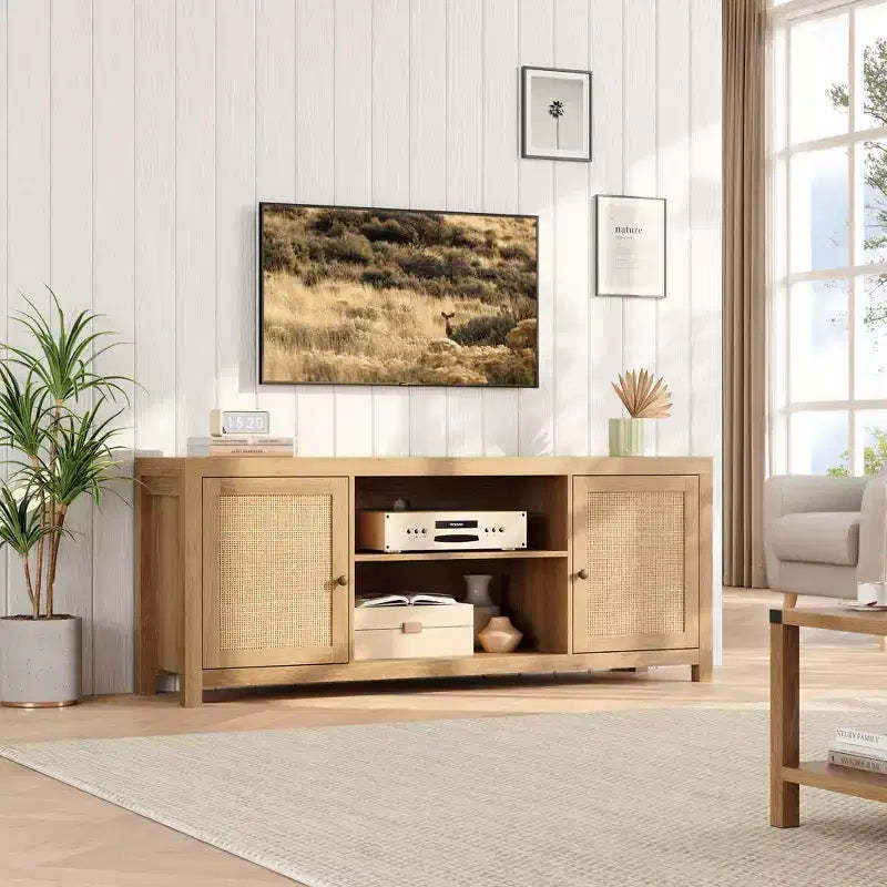 COZONY Boho TV Stand with 2 Rattan Doors for 65/75 inch TVs, 58/66 inch Media Console