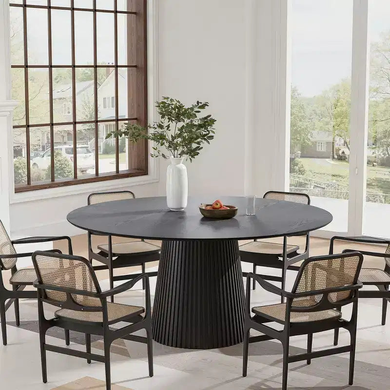 PexFix 60 Round Dining Table for 6 People Modern Pedestal Table with Fluted Cone Base & Wood MDF Top for Small Space Kitchen Dining Room Cafe Black