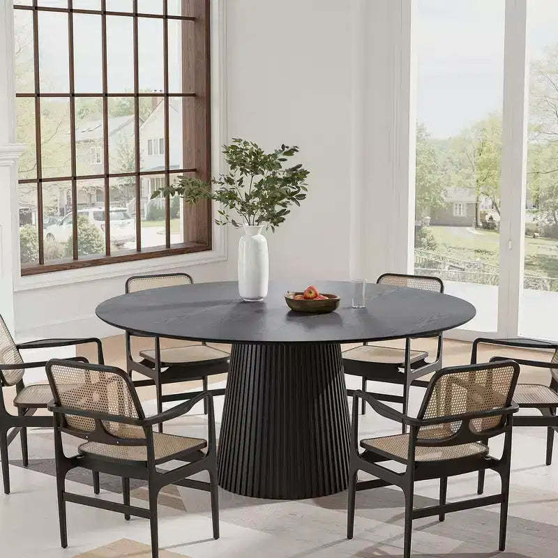PexFix 60 Round Dining Table for 6 People Modern Pedestal Table with Fluted Cone Base & Wood MDF Top for Small Space Kitchen Dining Room Cafe Black