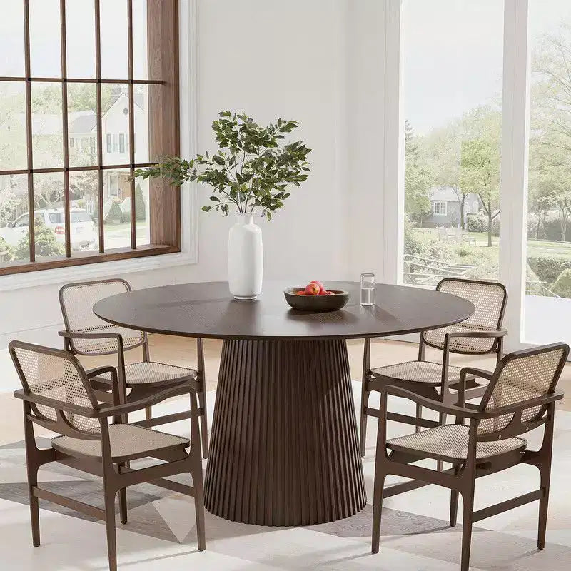 PexFix 52 Round Dining Table for 6 People Modern Pedestal Table with Fluted Cone Base & Wood MDF Top for Small Space Kitchen Dining Room Cafe Walnut