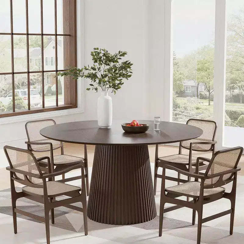PexFix 52 Round Dining Table for 6 People Modern Pedestal Table with Fluted Cone Base & Wood MDF Top for Small Space Kitchen Dining Room Cafe Walnut