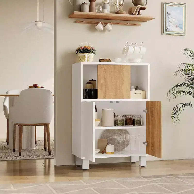 Acekool Modern Wooden Storage Cabinet with Sliding Doors, Adjustable Shelves, Floor Sideboard for Bathroom, Living Room & Small Spaces