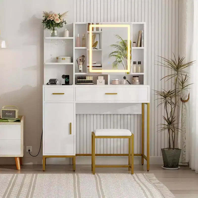Vanity Table, Dressing Table Set 3 Lighting Modes, Makeup Vanity with Soft Cushioned Stool, Drawers, Cabinet, Charging Station, for Bedroom, White