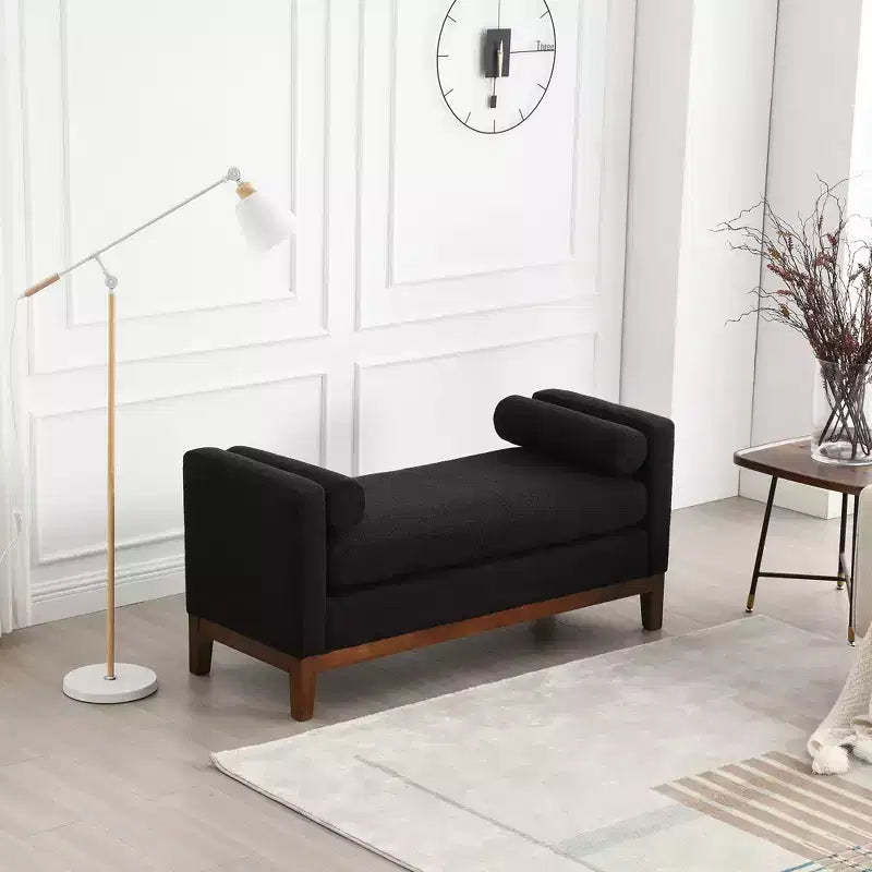 Boucle Upholstered Bench, Ottoman Bench with Wood Legs & Bolster Pillows For End Of Bed, Bedroom, Living Room, Entryway