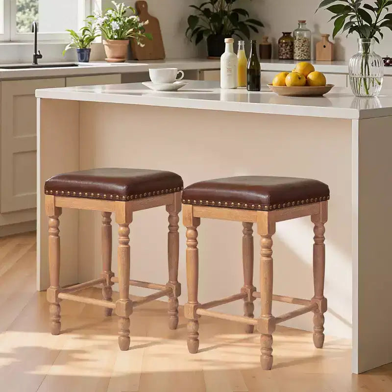 Subrtex Solid Wood Bar Stools,With Classic Oil Wax Leather.Counter Height Backless Upholstered Stools (Set of 2)