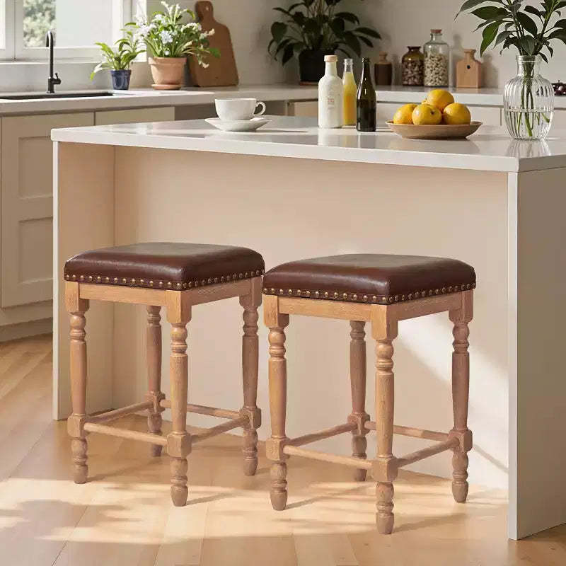 Subrtex Solid Wood Bar Stools,With Classic Oil Wax Leather.Counter Height Backless Upholstered Stools (Set of 2)