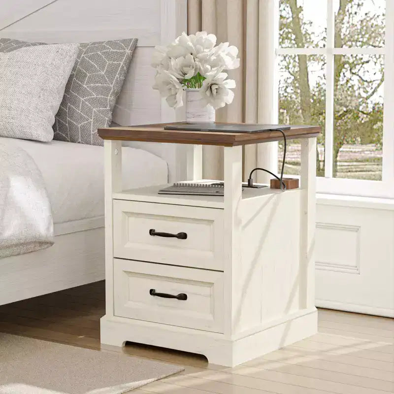 Hommpa Modern Rustic Bedside Table Nightstand with Charging Station, 2 Drawers & Open Shelf