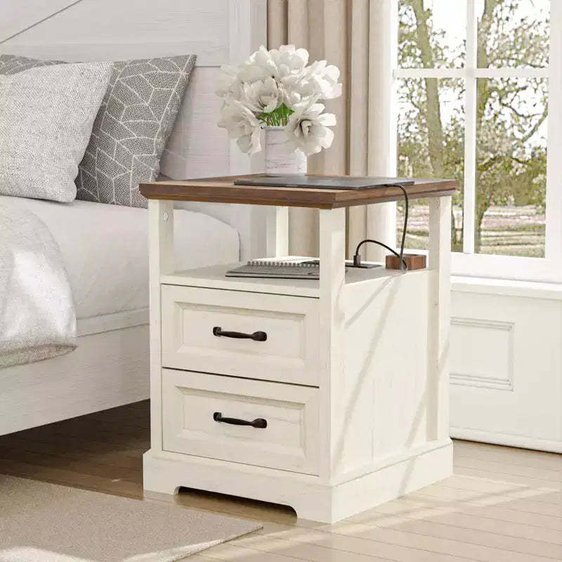 Hommpa Modern Rustic Bedside Table Nightstand with Charging Station, 2 Drawers & Open Shelf