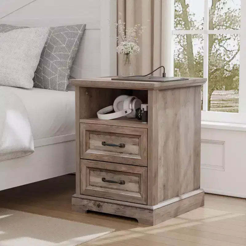 Hommpa Modern Rustic Bedside Table Nightstand with Charging Station, 2 Drawers & Storage