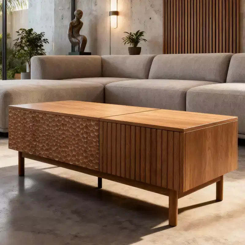 Modern Fluted Lift-Top Coffee Table with Hidden Storage & Artisan-Textured Drawers - Walnut Gaoyangjiaju